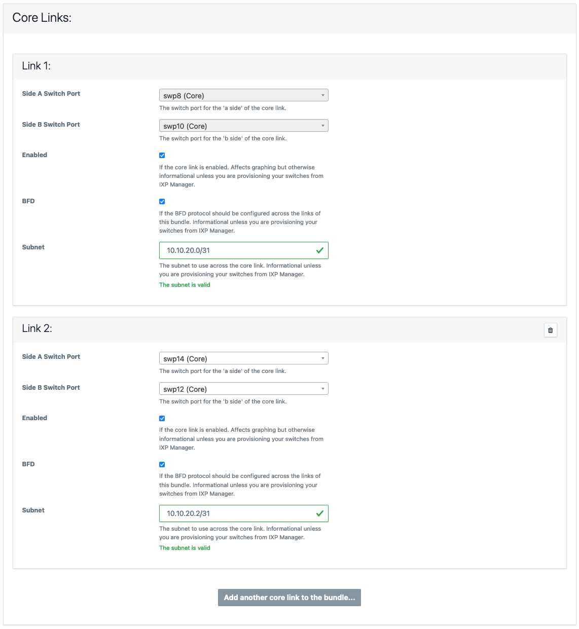 Adding a Core Bundle - Core Link Settings