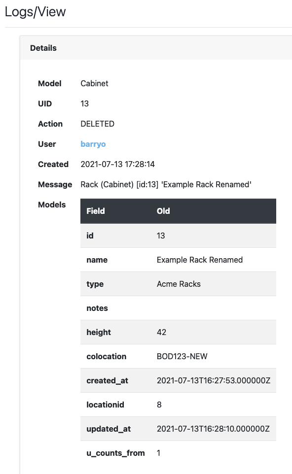 Rack deletion log