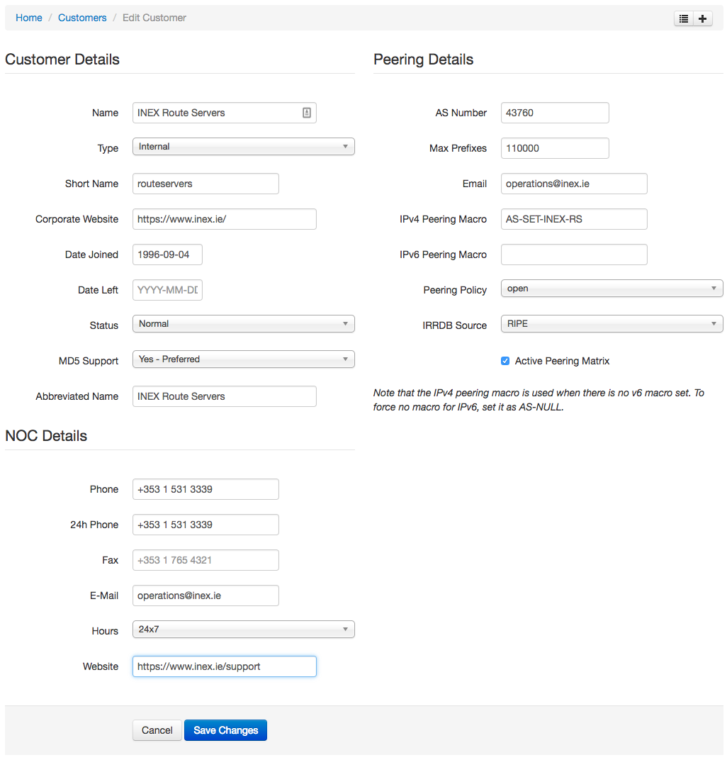 Route Servers INEX Customer