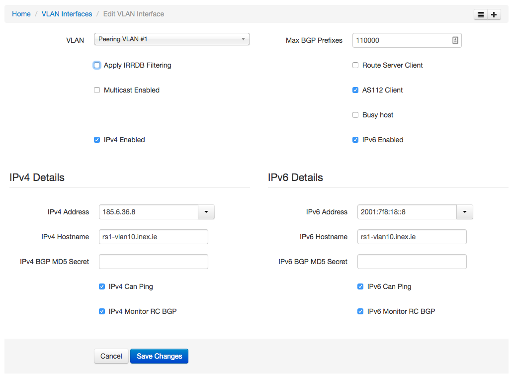 Route Servers INEX VLAN Interface Entry