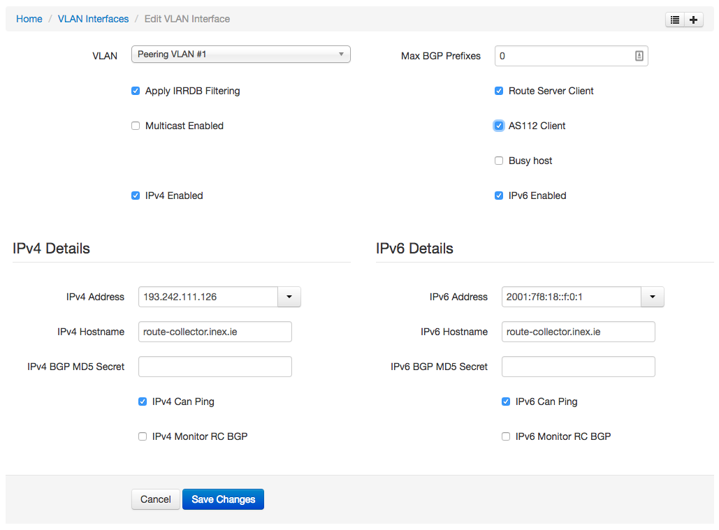 Route Collector INEX VLAN Interface Entry