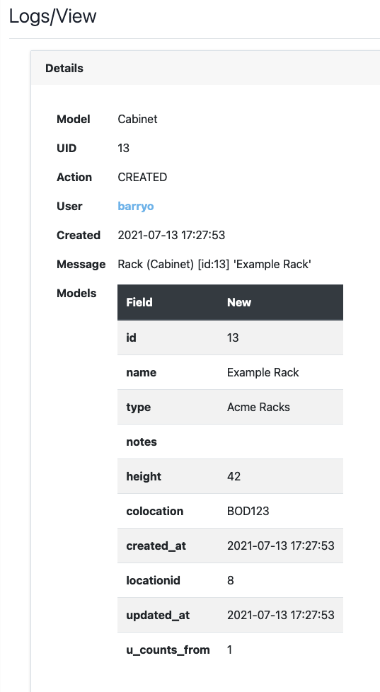 Rack creation log